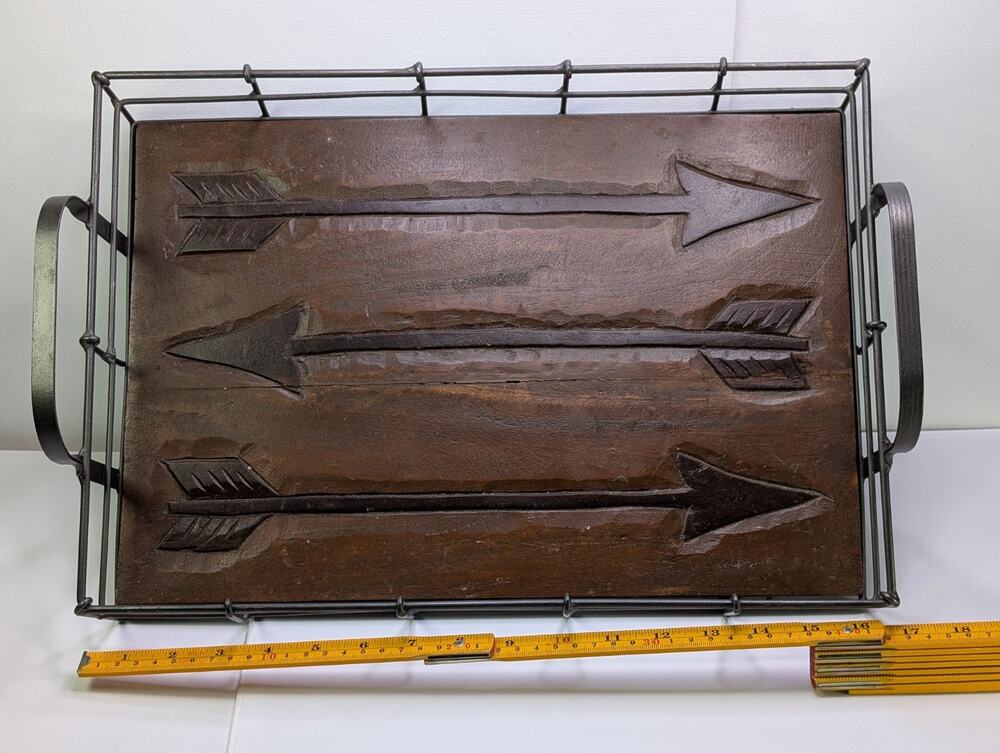 Rustic Wood Metal Serving Tray Carved Arrow Design Handles 16x12 Farmhouse Decor